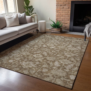 HomeRoots 5' Durable Brown and Beige Floral Washable Area Rug – Ideal for Indoor & Outdoor Spaces, Easy Care 688718