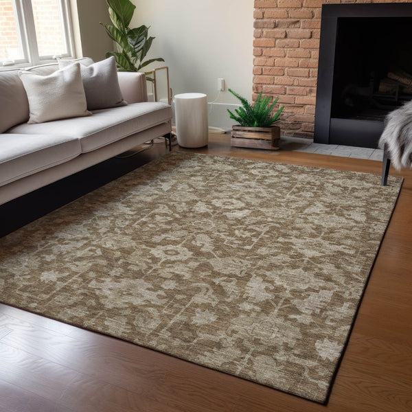 HomeRoots 5' Durable Brown and Beige Floral Washable Area Rug – Ideal for Indoor & Outdoor Spaces, Easy Care 688718