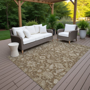 HomeRoots 5' Durable Brown and Beige Floral Washable Area Rug – Ideal for Indoor & Outdoor Spaces, Easy Care 688718