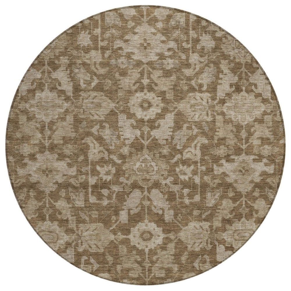 HomeRoots 8' Brown and Beige Floral Washable Round Area Rug - Durable Indoor/Outdoor Decor for Any Space! 688719