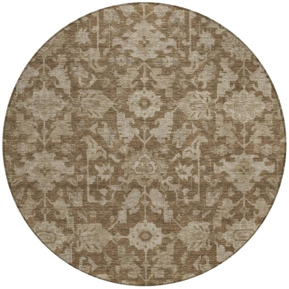 HomeRoots 8' Brown and Beige Floral Washable Round Area Rug - Durable Indoor/Outdoor Decor for Any Space! 688719