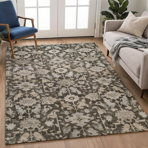 HomeRoots 5' X 8' Chocolate and Gray Floral Area Rug – Machine Washable, Durable for Indoor & Outdoor Use! 688724