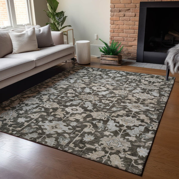 HomeRoots 5' X 8' Chocolate and Gray Floral Area Rug – Machine Washable, Durable for Indoor & Outdoor Use! 688724