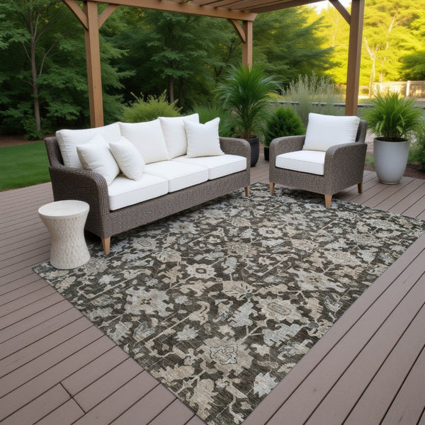 HomeRoots 5' X 8' Chocolate and Gray Floral Area Rug – Machine Washable, Durable for Indoor & Outdoor Use! 688724