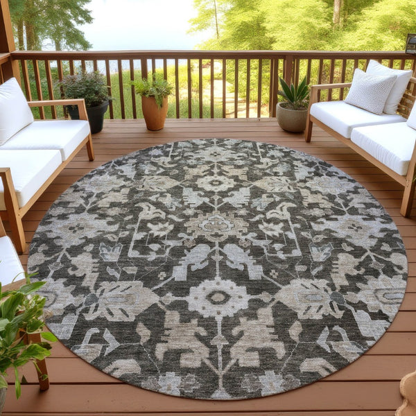 HomeRoots 8' Chocolate and Gray Round Floral Area Rug - Washable, Durable, Stylish for Indoor & Outdoor Use 688725