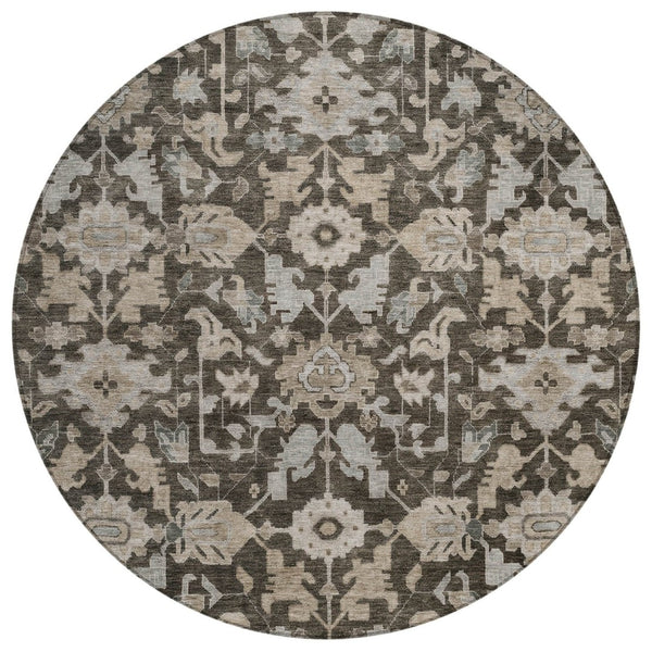 HomeRoots 8' Chocolate and Gray Round Floral Area Rug - Washable, Durable, Stylish for Indoor & Outdoor Use 688725