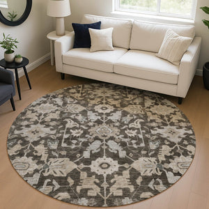 HomeRoots 8' Chocolate and Gray Round Floral Area Rug - Washable, Durable, Stylish for Indoor & Outdoor Use 688725