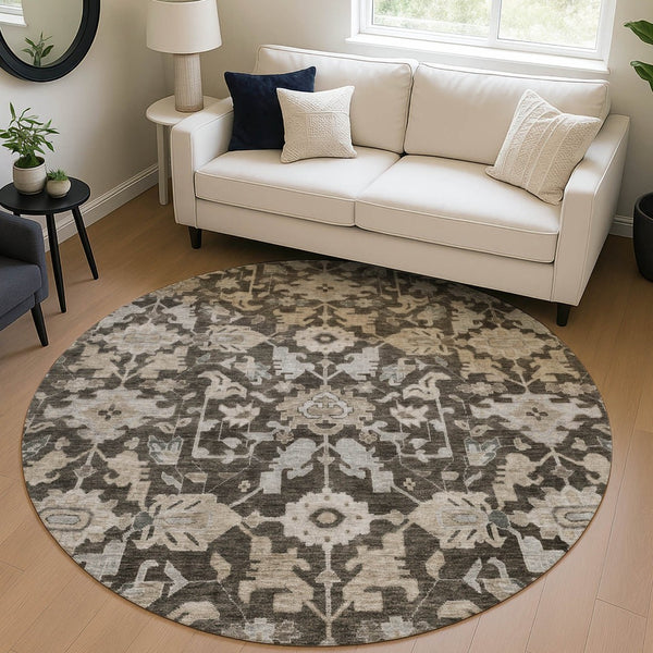 HomeRoots 8' Chocolate and Gray Round Floral Area Rug - Washable, Durable, Stylish for Indoor & Outdoor Use 688725