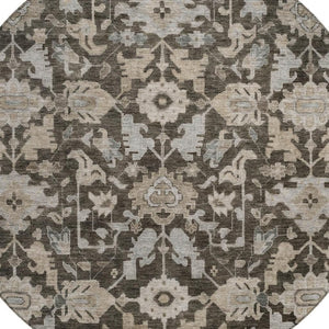 HomeRoots 8' Chocolate and Gray Round Floral Area Rug - Washable, Durable, Stylish for Indoor & Outdoor Use 688725