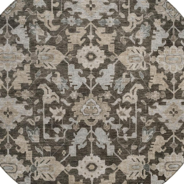 HomeRoots 8' Chocolate and Gray Round Floral Area Rug - Washable, Durable, Stylish for Indoor & Outdoor Use 688725