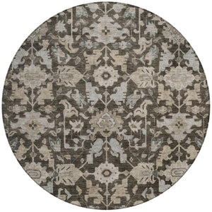 HomeRoots 8' Chocolate and Gray Round Floral Area Rug - Washable, Durable, Stylish for Indoor & Outdoor Use 688725