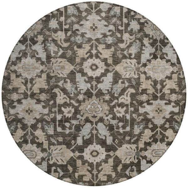 HomeRoots 8' Chocolate and Gray Round Floral Area Rug - Washable, Durable, Stylish for Indoor & Outdoor Use 688725