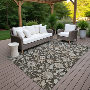 HomeRoots 9' Chocolate and Gray Floral Area Rug - Stylish Washable Indoor/Outdoor Decor for High-Traffic Areas 688727