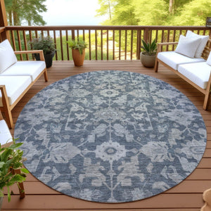 HomeRoots 8' Denim Blue and Silver Round Floral Area Rug – Washable, Durable, Stylish for Indoor & Outdoor Use 688731