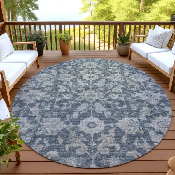 HomeRoots 8' Denim Blue and Silver Round Floral Area Rug – Washable, Durable, Stylish for Indoor & Outdoor Use 688731