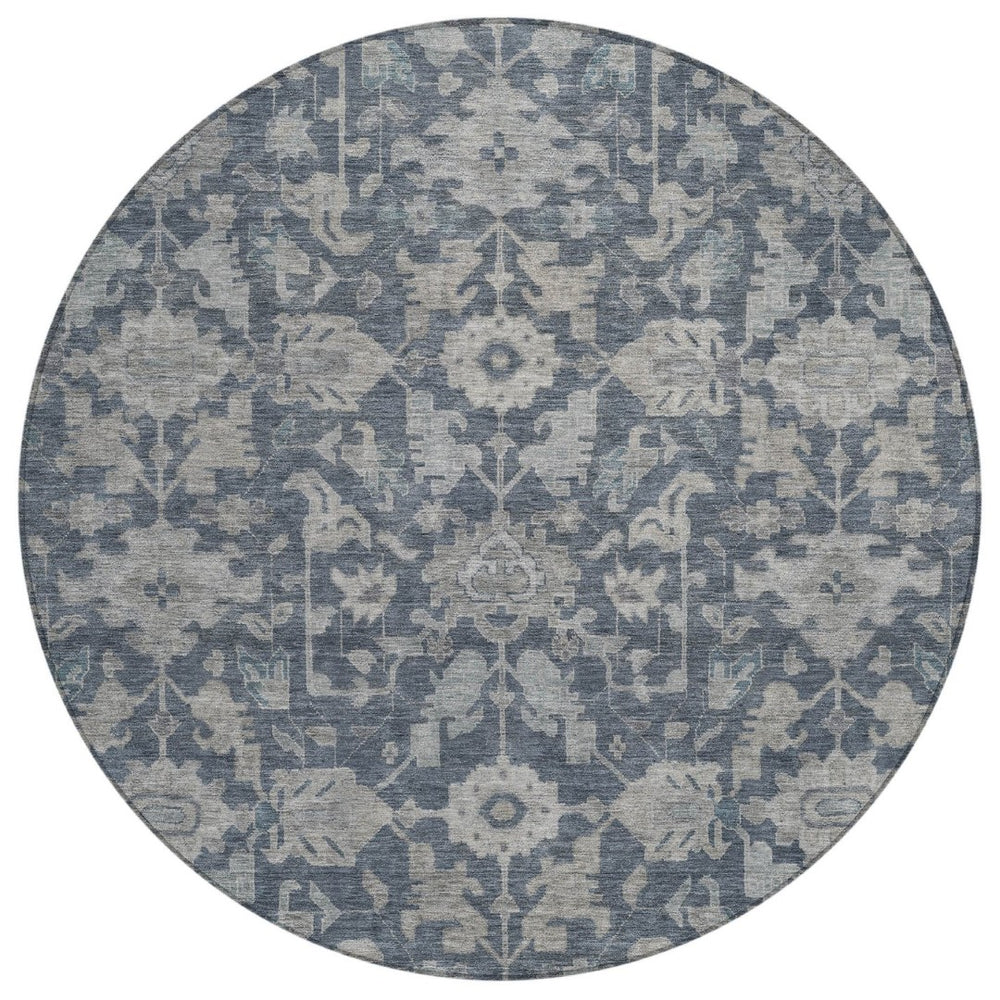 HomeRoots 8' Denim Blue and Silver Round Floral Area Rug – Washable, Durable, Stylish for Indoor & Outdoor Use 688731