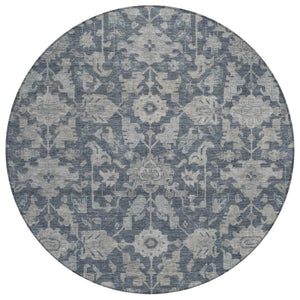 HomeRoots 8' Denim Blue and Silver Round Floral Area Rug – Washable, Durable, Stylish for Indoor & Outdoor Use 688731