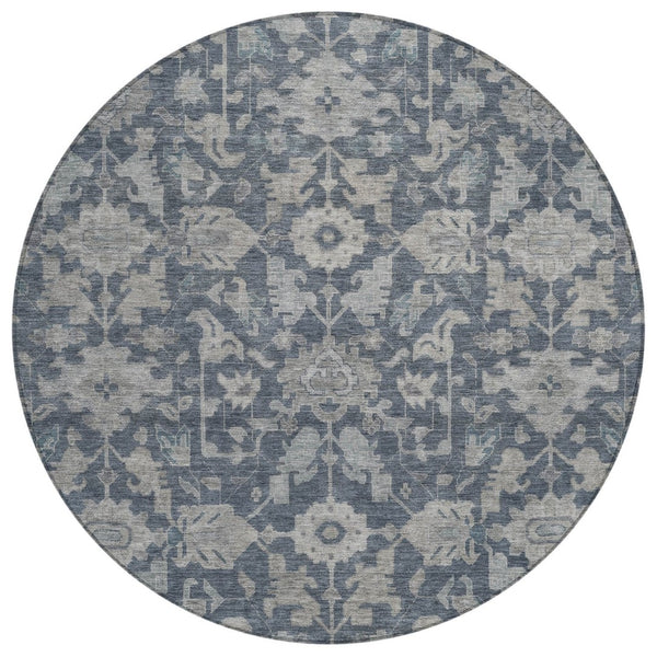 HomeRoots 8' Denim Blue and Silver Round Floral Area Rug – Washable, Durable, Stylish for Indoor & Outdoor Use 688731