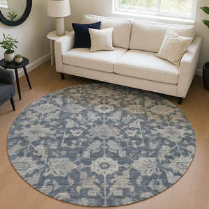 HomeRoots 8' Denim Blue and Silver Round Floral Area Rug – Washable, Durable, Stylish for Indoor & Outdoor Use 688731