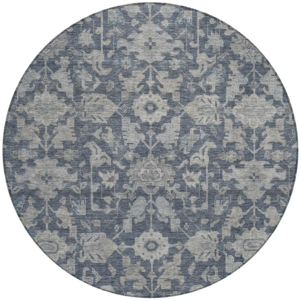 HomeRoots 8' Denim Blue and Silver Round Floral Area Rug – Washable, Durable, Stylish for Indoor & Outdoor Use 688731