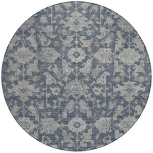 HomeRoots 8' Denim Blue and Silver Round Floral Area Rug – Washable, Durable, Stylish for Indoor & Outdoor Use 688731