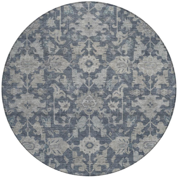 HomeRoots 8' Denim Blue and Silver Round Floral Area Rug – Washable, Durable, Stylish for Indoor & Outdoor Use 688731