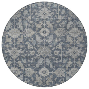 HomeRoots 8' Denim Blue and Silver Round Floral Area Rug – Washable, Durable, Stylish for Indoor & Outdoor Use 688731