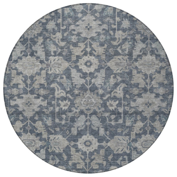 HomeRoots 8' Denim Blue and Silver Round Floral Area Rug – Washable, Durable, Stylish for Indoor & Outdoor Use 688731