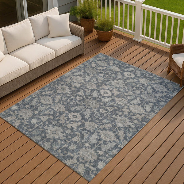 HomeRoots 9' Denim Blue & Silver Floral Area Rug - Durable, Washable Indoor/Outdoor Design for Any Space 688733