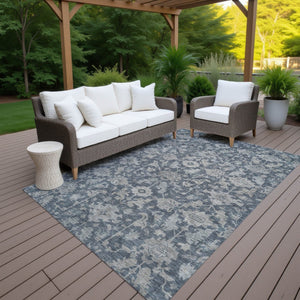 HomeRoots 9' Denim Blue & Silver Floral Area Rug - Durable, Washable Indoor/Outdoor Design for Any Space 688733