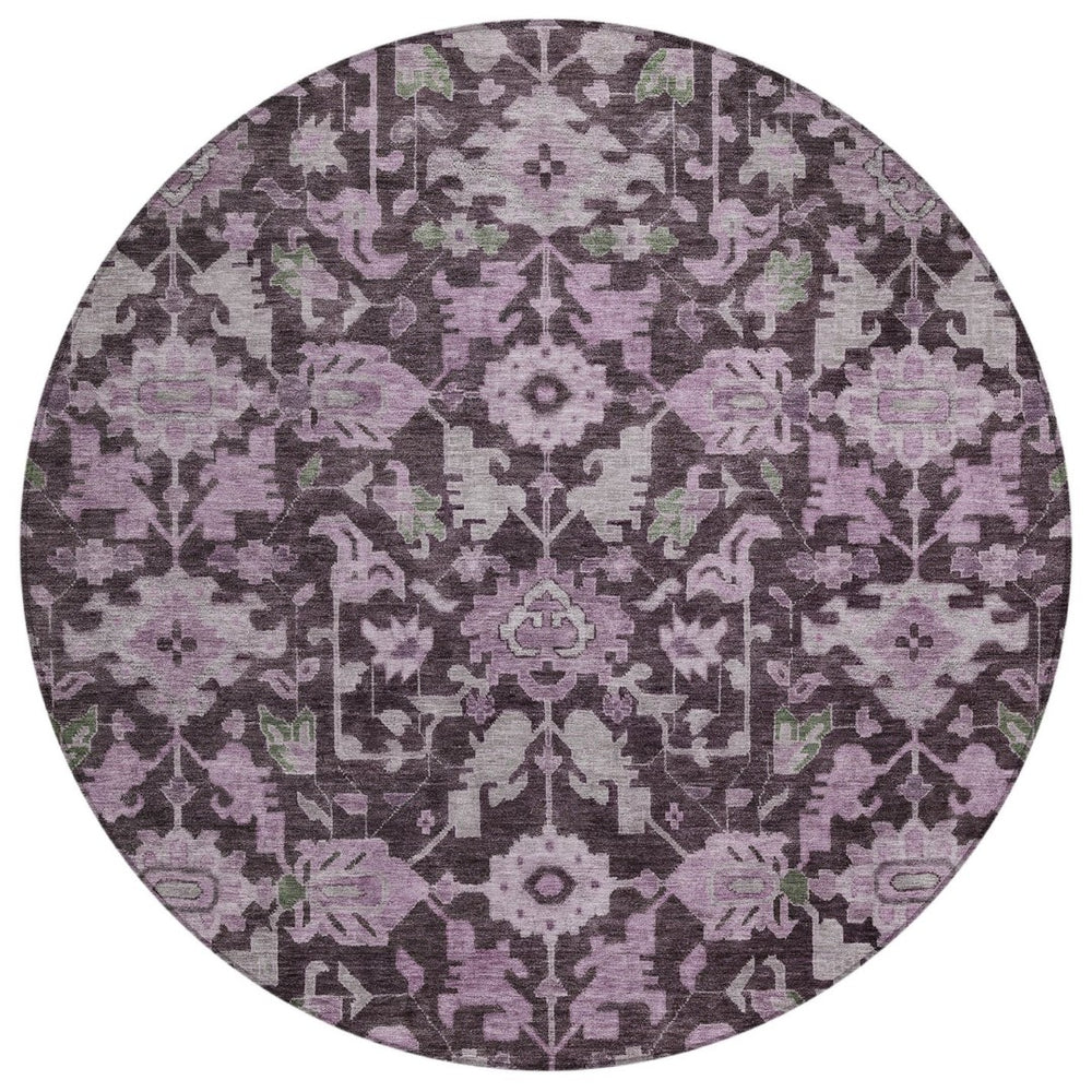 HomeRoots 8' Elegant Eggplant and Gray Round Floral Washable Area Rug for Indoor/Outdoor Spaces, Durable Design 688737