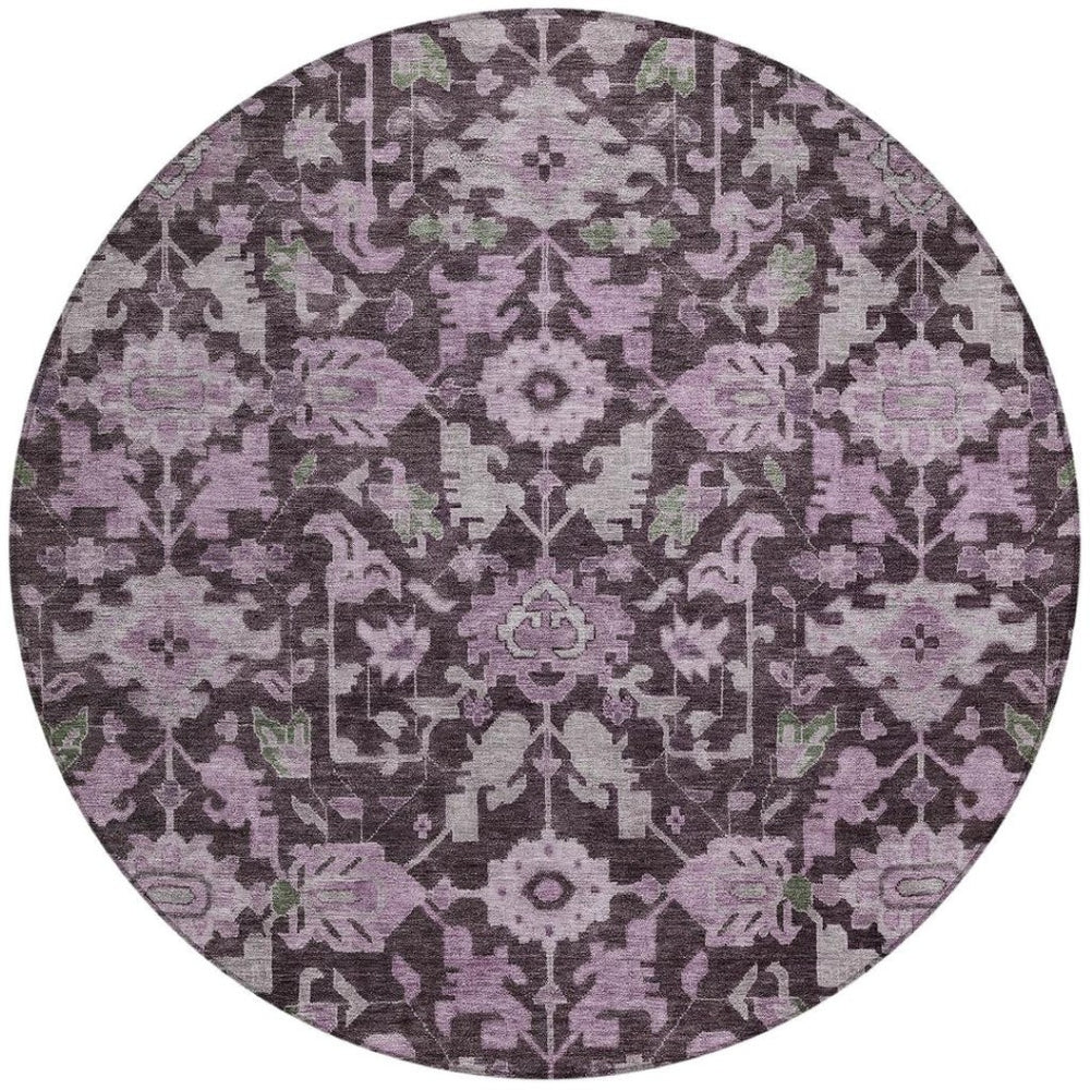 HomeRoots 8' Elegant Eggplant and Gray Round Floral Washable Area Rug for Indoor/Outdoor Spaces, Durable Design 688737