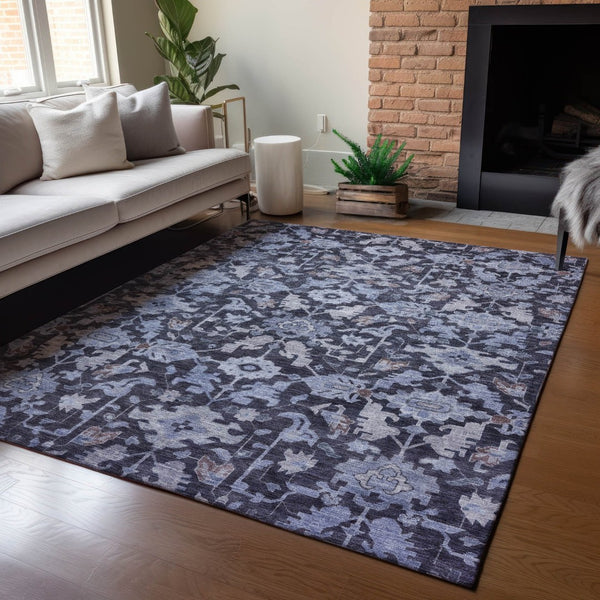 HomeRoots 5' X 8' Navy Blue And Plum Floral Washable Area Rug - Durable, Stain-Resistant for Indoor/Outdoor Use 688742