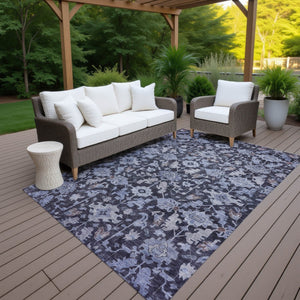 HomeRoots 5' X 8' Navy Blue And Plum Floral Washable Area Rug - Durable, Stain-Resistant for Indoor/Outdoor Use 688742