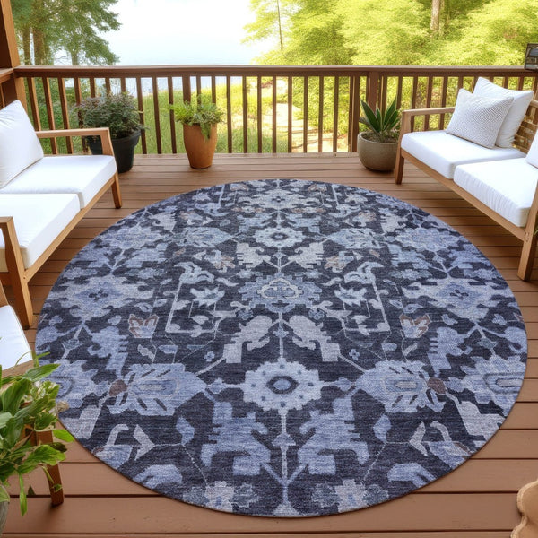 HomeRoots 8' Navy Blue and Plum Round Floral Indoor/Outdoor Rug - Durable, Washable, Slip-Resistant Design! 688743