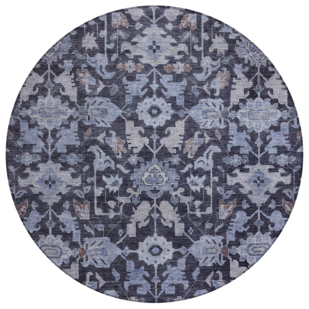 HomeRoots 8' Navy Blue and Plum Round Floral Indoor/Outdoor Rug - Durable, Washable, Slip-Resistant Design! 688743