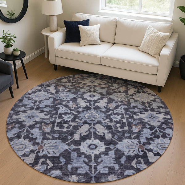 HomeRoots 8' Navy Blue and Plum Round Floral Indoor/Outdoor Rug - Durable, Washable, Slip-Resistant Design! 688743