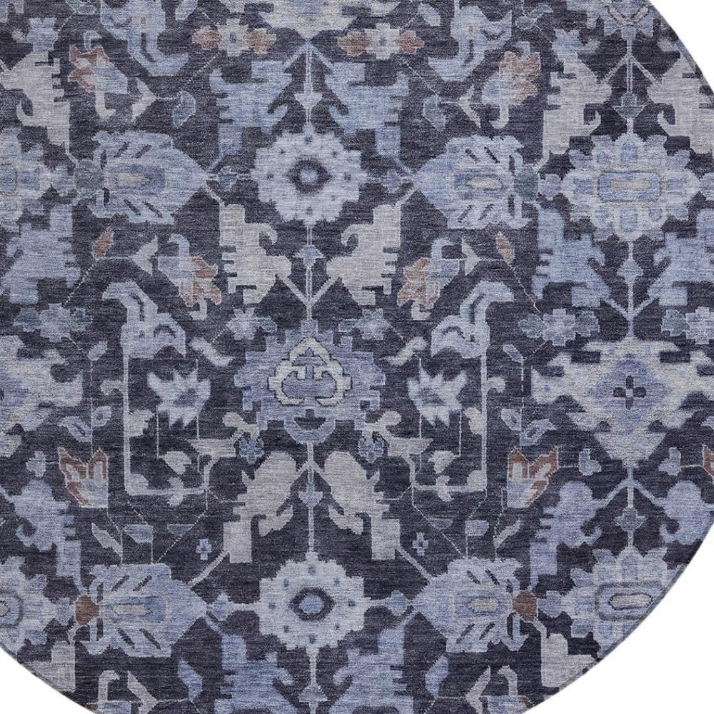 HomeRoots 8' Navy Blue and Plum Round Floral Indoor/Outdoor Rug - Durable, Washable, Slip-Resistant Design! 688743