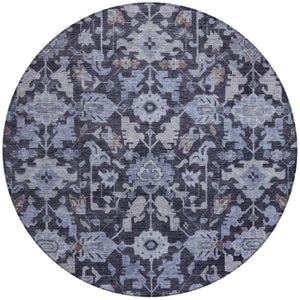 HomeRoots 8' Navy Blue and Plum Round Floral Indoor/Outdoor Rug - Durable, Washable, Slip-Resistant Design! 688743