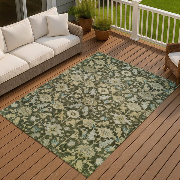 HomeRoots 5' Elegant Floral Area Rug in Olive Green, Teal Blue & Gold - Washable for Indoor/Outdoor Use 688748