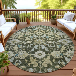 HomeRoots 8' Vibrant Floral Round Area Rug in Olive Green, Teal Blue & Gold - Washable for Indoor & Outdoor Use 688749