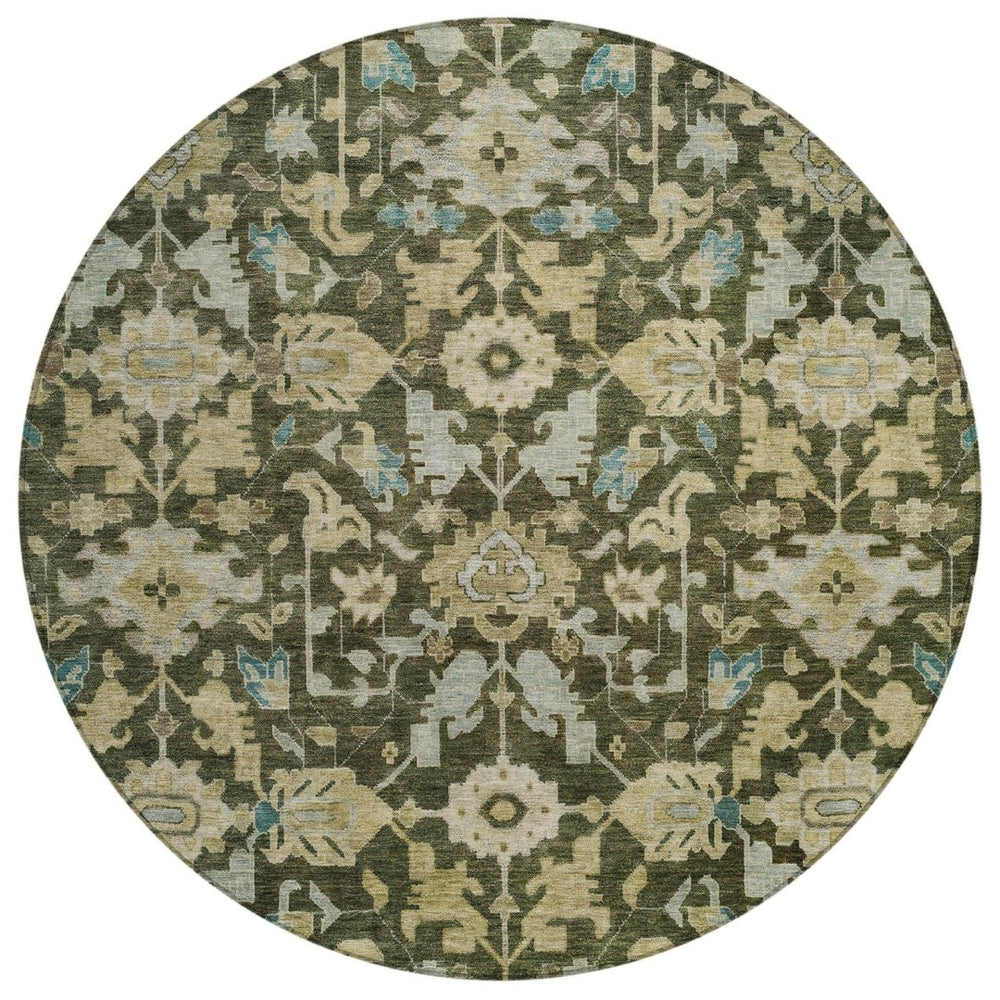 HomeRoots 8' Vibrant Floral Round Area Rug in Olive Green, Teal Blue & Gold - Washable for Indoor & Outdoor Use 688749