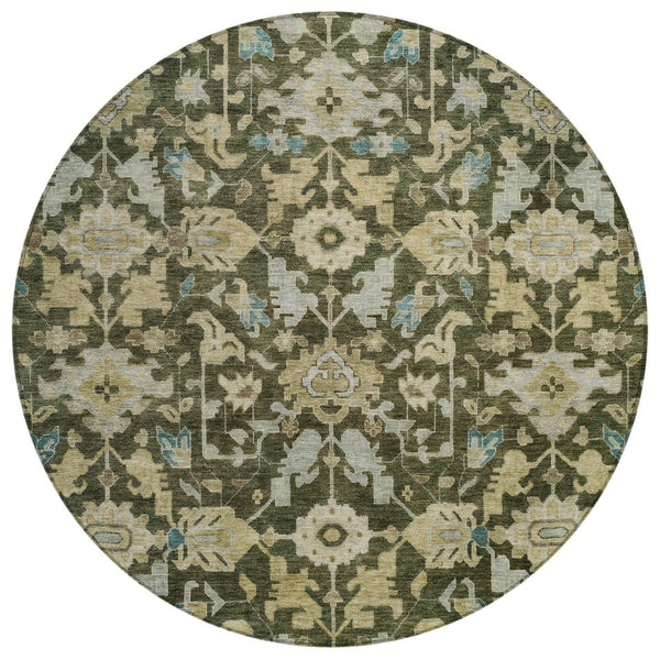 HomeRoots 8' Vibrant Floral Round Area Rug in Olive Green, Teal Blue & Gold - Washable for Indoor & Outdoor Use 688749