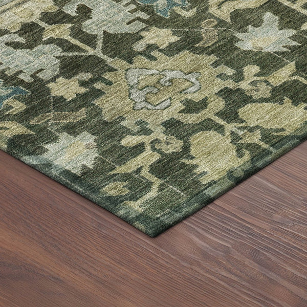 HomeRoots 8' Vibrant Floral Round Area Rug in Olive Green, Teal Blue & Gold - Washable for Indoor & Outdoor Use 688749