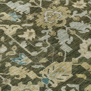 HomeRoots 8' Vibrant Floral Round Area Rug in Olive Green, Teal Blue & Gold - Washable for Indoor & Outdoor Use 688749