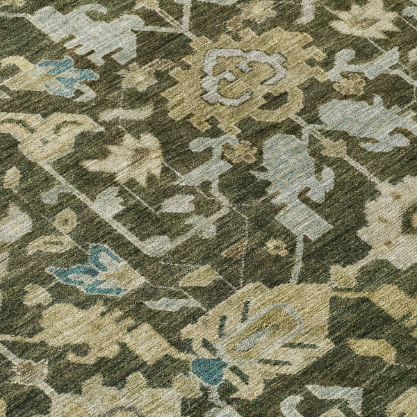 HomeRoots 8' Vibrant Floral Round Area Rug in Olive Green, Teal Blue & Gold - Washable for Indoor & Outdoor Use 688749