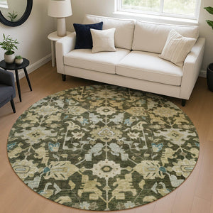 HomeRoots 8' Vibrant Floral Round Area Rug in Olive Green, Teal Blue & Gold - Washable for Indoor & Outdoor Use 688749