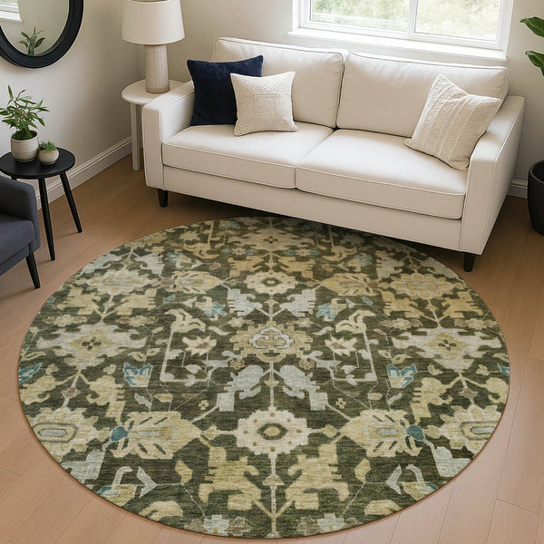 HomeRoots 8' Vibrant Floral Round Area Rug in Olive Green, Teal Blue & Gold - Washable for Indoor & Outdoor Use 688749