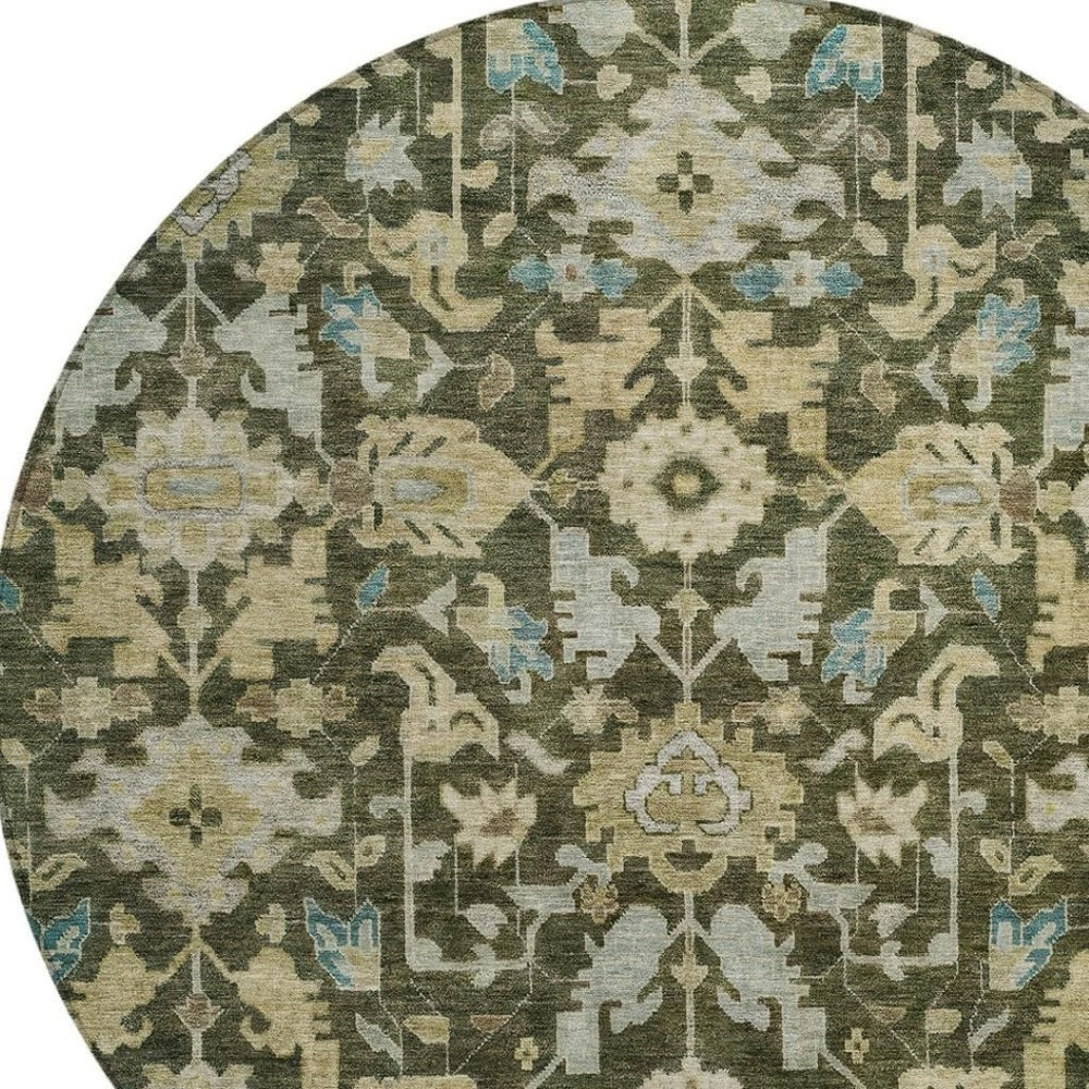 HomeRoots 8' Vibrant Floral Round Area Rug in Olive Green, Teal Blue & Gold - Washable for Indoor & Outdoor Use 688749
