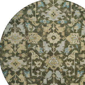 HomeRoots 8' Vibrant Floral Round Area Rug in Olive Green, Teal Blue & Gold - Washable for Indoor & Outdoor Use 688749